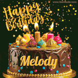 A delightful chocolate birthday cake with bright candles and 'Happy Birthday Melody' written in gold amidst a shower of animated stars.