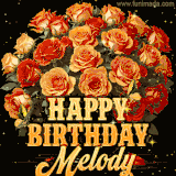Animated bouquet of orange roses with moving butterfles and golden 'Happy Birthday Melody' text, surrounded by sparkling accents and a dark backdrop for a luxurious feel.