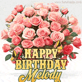 Golden 'Happy Birthday Melody' text beneath a vibrant bouquet of orange roses, complete with glittering butterflies and sparkling details.