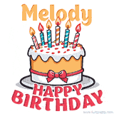 Cartoon birthday cake with a red bow, glowing candles, and 'Melody Happy Birthday' text in bold animated style.