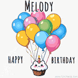 An adorable and cute cupcake with a smiley face and moving colorful balloons create a joyful birthday greeting for Melody in this cheerful animated greeting E-card.