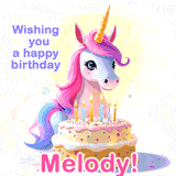 A cute moving unicorn with a birthday cake and candles, featuring 'Wishing you a happy birthday, Melody!' in colorful text.