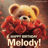 Cinematic style cute animated teddy bear with charming features holding a large bouquet of red roses, the words say 'Happy Birthday Melody' in sans serif font.