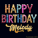 Vibrant luxury birthday greeting card for Melody, showing glittering gemstone letters and golden calligraphy on a dark background with twinkling shine effects.