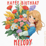 Bright floral birthday animation for Melody showing a cute cartoon girl with golden hair and expressive eyes holding a huge bouquet, surrounded by birthday text.