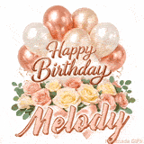 Animated Happy Birthday Melody greeting card with moving balloons and roses