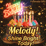 Happy Birthday Melody animated GIF displaying a chocolate drip cake decorated with multicolored frosting and lit candles.