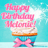 A festive cupcake with pink icing, a gingham bow, and a lit animated sparkler, paired with 'Happy Birthday Melonie!' in bright pink text.