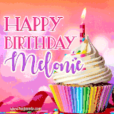 A vibrant birthday GIF featuring a rainbow-colored cupcake topped with white frosting, sprinkles, and a lit candle. The text reads 'Happy Birthday Melonie' in bold pink and violet letters with white outline.