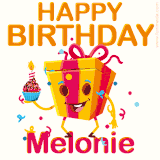 A vibrant and funny gift box character with a happy face dancing with a cupcake and the text 'Happy Birthday Melonie,' surrounded by animated confetti and party vibes.