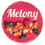 Beautifully decorated red velvet berry birthday cake with vibrant fruits and a glowing 'Melony' name, adding a touch of sweetness and sparkle.
