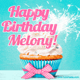 A festive cupcake with pink icing, a gingham bow, and a lit animated sparkler, paired with 'Happy Birthday Melony!' in bright pink text.