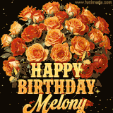 Animated bouquet of orange roses with moving butterfles and golden 'Happy Birthday Melony' text, surrounded by sparkling accents and a dark backdrop for a luxurious feel.