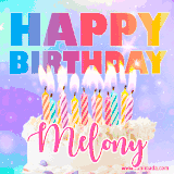 A vibrant animated name GIF with the words 'Happy Birthday Melony' with colorful candles on a creamy cake. The background sparkles with pastel shades, adding a festive touch.