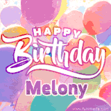 A vibrant name GIF featuring colorful balloons in shades of pink, orange, and yellow with the bold text 'Happy Birthday Melony' in festive fonts, creating a lively birthday vibe.