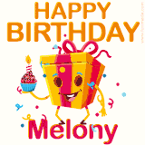 A vibrant and funny gift box character with a happy face dancing with a cupcake and the text 'Happy Birthday Melony,' surrounded by animated confetti and party vibes.