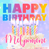 A vibrant animated name GIF with the words 'Happy Birthday Melpomene' with colorful candles on a creamy cake. The background sparkles with pastel shades, adding a festive touch.