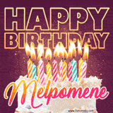 A colorful birthday cake topped with lit candles, with the words 'Happy Birthday Melpomene' in bold glowing letters on a burgundy background. Animated flames add a festive touch.
