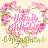 A stunning heart made of pink roses surrounds the elegant script text 'Happy Birthday Melpomene' on a soft beige background. Animated sparkles add a magical and festive feel.