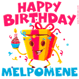 A vibrant and funny gift box character with a happy face dancing with a cupcake and the text 'Happy Birthday Melpomene,' surrounded by animated confetti and party vibes.