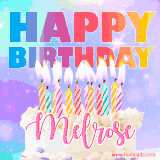 A vibrant animated name GIF with the words 'Happy Birthday Melrose' with colorful candles on a creamy cake. The background sparkles with pastel shades, adding a festive touch.