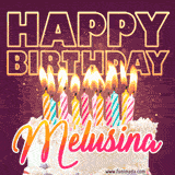 A colorful birthday cake topped with lit candles, with the words 'Happy Birthday Melusina' in bold glowing letters on a burgundy background. Animated flames add a festive touch.