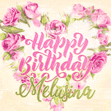 A stunning heart made of pink roses surrounds the elegant script text 'Happy Birthday Melusina' on a soft beige background. Animated sparkles add a magical and festive feel.