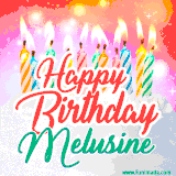 Bright birthday candles with rainbow flames on a cake, alongside the text 'Happy Birthday Melusine' in vibrant script in this celebratory animated GIF.