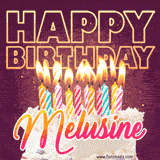 A colorful birthday cake topped with lit candles, with the words 'Happy Birthday Melusine' in bold glowing letters on a burgundy background. Animated flames add a festive touch.