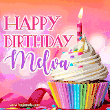 A vibrant birthday GIF featuring a rainbow-colored cupcake topped with white frosting, sprinkles, and a lit candle. The text reads 'Happy Birthday Melva' in bold pink and violet letters with white outline.