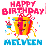 A vibrant and funny gift box character with a happy face dancing with a cupcake and the text 'Happy Birthday Melveen,' surrounded by animated confetti and party vibes.