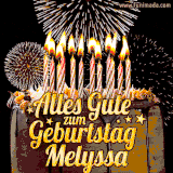 A chocolate birthday cake with glowing candles, the German text 'Alles Gute zum Geburtstag Melyssa,' and vibrant fireworks lighting up the background in an animated GIF.