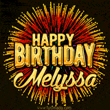 Golden 'Happy Birthday Melyssa' text accompanied by animated rainbow fireworks for a festive animated greeting.