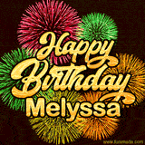 Golden text reading 'Happy Birthday Melyssa' surrounded by vibrant fireworks in red, green, and yellow, set against a dark background in this celebratory birthday GIF.