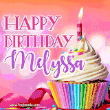 A vibrant birthday GIF featuring a rainbow-colored cupcake topped with white frosting, sprinkles, and a lit candle. The text reads 'Happy Birthday Melyssa' in bold pink and violet letters with white outline.