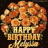 Animated bouquet of orange roses with moving butterfles and golden 'Happy Birthday Melyssa' text, surrounded by sparkling accents and a dark backdrop for a luxurious feel.