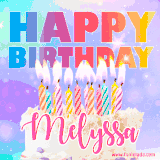 A vibrant animated name GIF with the words 'Happy Birthday Melyssa' with colorful candles on a creamy cake. The background sparkles with pastel shades, adding a festive touch.