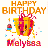 A vibrant and funny gift box character with a happy face dancing with a cupcake and the text 'Happy Birthday Melyssa,' surrounded by animated confetti and party vibes.
