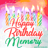 Bright birthday candles with rainbow flames on a cake, alongside the text 'Happy Birthday Memory' in vibrant script in this celebratory animated GIF.
