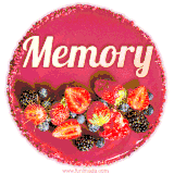 Beautifully decorated red velvet berry birthday cake with vibrant fruits and a glowing 'Memory' name, adding a touch of sweetness and sparkle.