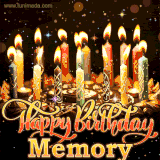 A glowing personalized birthday GIF with name Memory featuring lit candles with intricate designs, warm lighting, and the text 'Happy Birthday' in an elegant font.