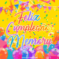 A bright and festive GIF with the text 'Feliz Cumpleaños Memory' in Spanish in colorful fonts, surrounded by confetti, balloons, and festive banners on a vibrant yellow background.