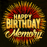 Golden 'Happy Birthday Memory' text accompanied by animated rainbow fireworks for a festive animated greeting.