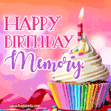 A vibrant birthday GIF featuring a rainbow-colored cupcake topped with white frosting, sprinkles, and a lit candle. The text reads 'Happy Birthday Memory' in bold pink and violet letters with white outline.