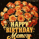 Animated bouquet of orange roses with moving butterfles and golden 'Happy Birthday Memory' text, surrounded by sparkling accents and a dark backdrop for a luxurious feel.