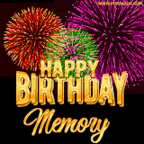 A golden 'Happy Birthday Memory' message with vibrant fireworks in the background, creating a festive and celebratory vibe in this animated name GIF.