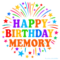 Happy Birthday Memory' GIF with rainbow-colored letters, colorful stars, and fireworks on white background.