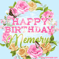 A charming animated GIF featuring 'Happy Birthday Memory' in pink and green text, surrounded by delicate roses, leaves, and fluttering butterflies on a soft light blue pastel background.