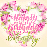 A stunning heart made of pink roses surrounds the elegant script text 'Happy Birthday Memory' on a soft beige background. Animated sparkles add a magical and festive feel.