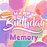 A vibrant name GIF featuring colorful balloons in shades of pink, orange, and yellow with the bold text 'Happy Birthday Memory' in festive fonts, creating a lively birthday vibe.